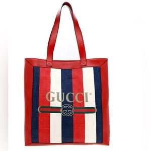 GUCCI Red, White, & Blue Logo Stripe Canvas and Leather Tote